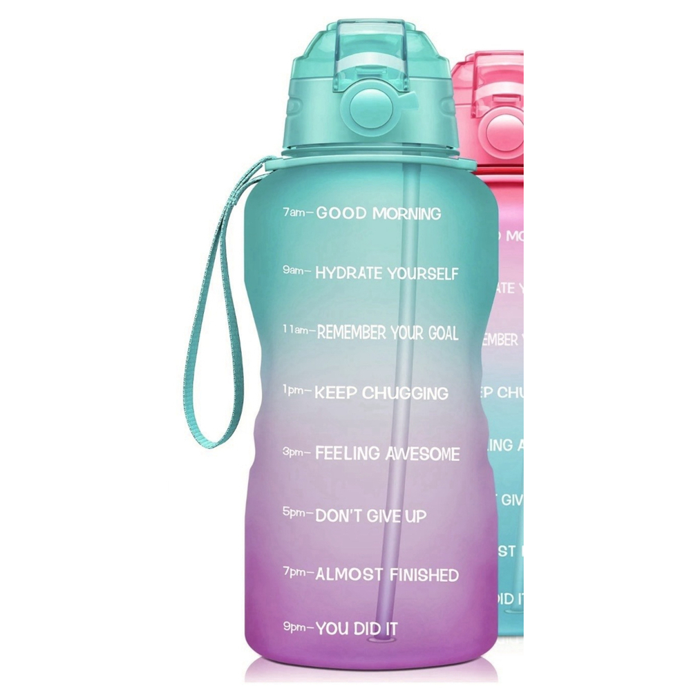 ☀️ Motivational Water Bottle with Time Markers – Gradient Teal Pink 64 Oz